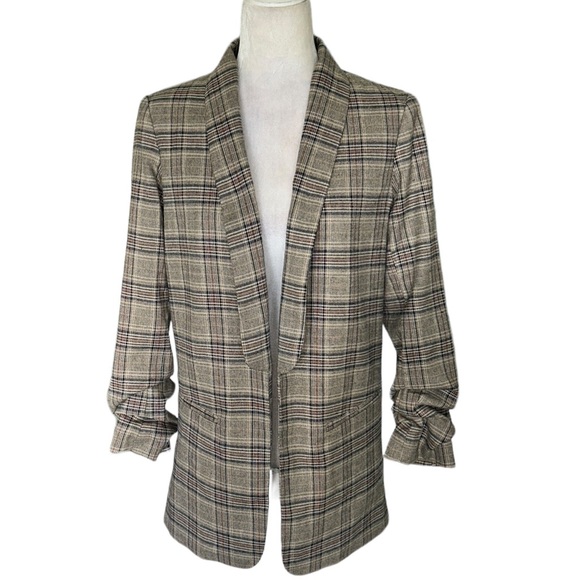 Lulus Coffee Dates Light Brown Plaid Ruched Sleeve Blazer - XS - Picture 5 of 15